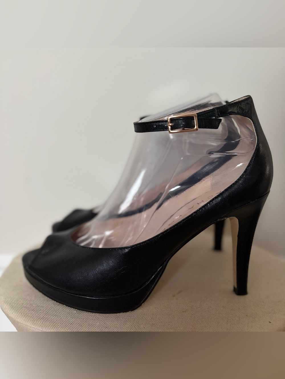 SACHA LONDON Tonia Black Peep-Toe Ankle-Strap Heels (7.5)